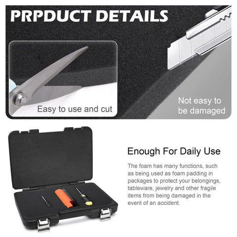 Two Pcs Black Polyurethane Foam Sheets Cuttable Toolbox Inserts And Storage Organizers Soft Cushion for drill cases shown with scissors for trimming.