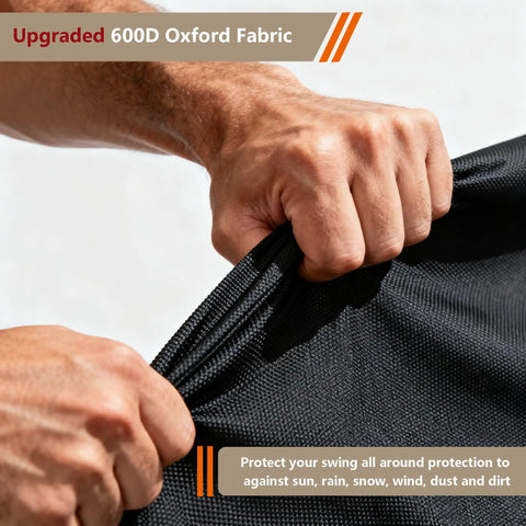 Hands demonstrating strength of 600D oxford fabric for Rugged Outdoor Swing Cover For A 3 Seat Hammock And Patio Furniture Waterproof All Weather Protection 87 Inch Long 60 Inch Wide 72 Inch High Windproof UV Shield For Porch Gliders And More.