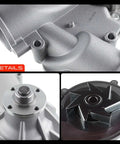 Top Shelf Engine Cooling Water Pump With Curved Pipe And Complete Bolt And O Ring Kit close-up details highlighting aluminum body and steel vanes.
