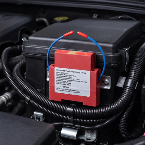 Badass Automatic Fire Extinguisher Stickers For Engine Bay, red aerosol extinguisher device installed in engine bay.