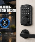 Programmable Electronic Keypad Deadbolt Keyless Entry Door Lock For Bedroom Closet Apartment Hardware Matte Black Finish with IP65 waterproof rating.