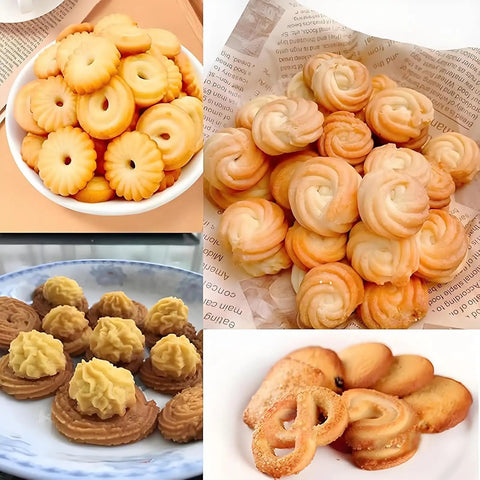 Freshly baked cookies made with Automatic Cookie Press Machine With Eight Replaceable Nozzles, Electric Biscuit Maker, 50 to 60 RPM, 180W