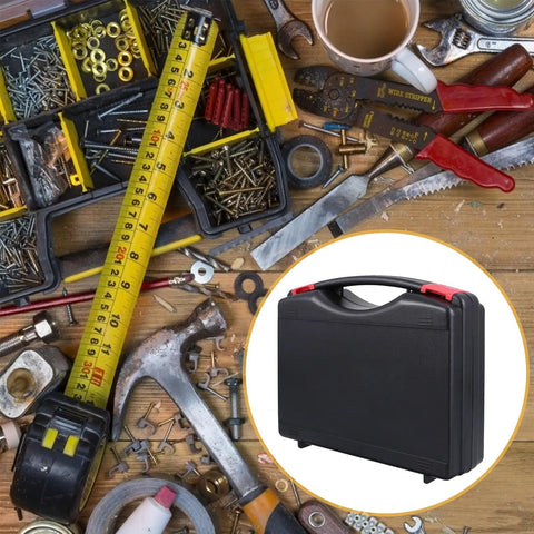 Badass Portable PP Plastic Toolbox Featuring Bulletproof Shock Resistant Shell And Ergonomic Carry Handle For Organizing Power Tools Hand Gear And Hardware Needs And Spare Parts Today on workbench with tools.