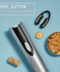 Cordless Electric Wine Opener With Automatic Cork Extractor And Precision Foil Cutter With Rechargeable Base, sleek foil cutter on blue background.