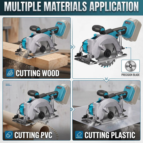 5 Inch Brushless Cordless Circular Saw Packing A Beefy 6000 Rpm Spin And Quick Bevel Swaps For Hassle Free Wood And Soft Metal Cutting On Everyday Crew Projects Today, cutting wood, PVC, and plastic.