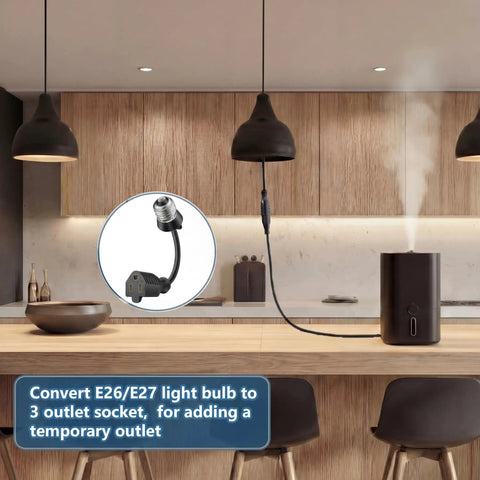 3 Outlet Light Socket Adapter For E26 E27 Bulbs To Extend Power Outdoors, Turns One Light Socket Into A 3 Prong Outlet, Weatherproof