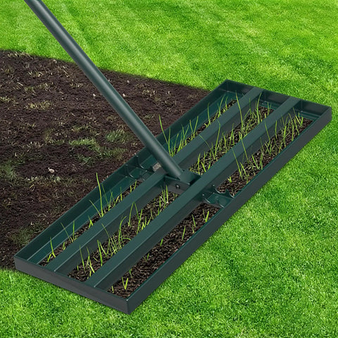 Pro Grade Lawn Leveling Rake with 70 Inch Adjustable Handle, 30 By 10 Inch Wide Head for soil leveling on grass and top dressing.