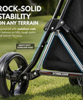 Three Wheel Golf Push Cart With Rock Solid Stability On Any Terrain Heavy Duty Stabilizer Rods Smooth Push And One Touch Braking For Effortless Control On Hills And Rough Fairways Black And Blue close-up of wheel and stabilizer rods