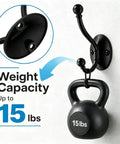 Heavy Duty Black Wall Mounted Coat Hooks 10 Pack With Complete Hardware Kit No Fuss Setup showing 15 lb capacity with kettlebell