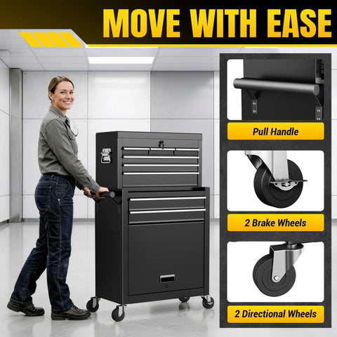 Smooth Rolling 8 Drawer Tool Chest With Nifty Detachable Modular Layout And Secure Locking Drawers For Top Shelf Garage Storage Slick Black Finish with pull handle and swivel wheels.
