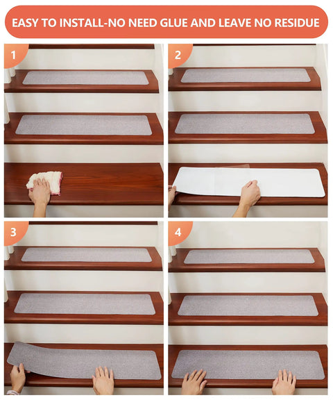 Installation steps of Non Slip Carpet Stair Treads That Grip Steps For Kids Seniors And Pets Self Adhesive 14 Piece Set 8 By 30 Inches Gray For All Indoor Stairs And High Traffic Areas.
