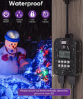 Rock Solid Outdoor Programmable Timer Featuring Weather Sealed Dual Grounded Outlets And Automatic Photocell Switches For Porch Lighting shows waterproof design in rain with snowman decoration.