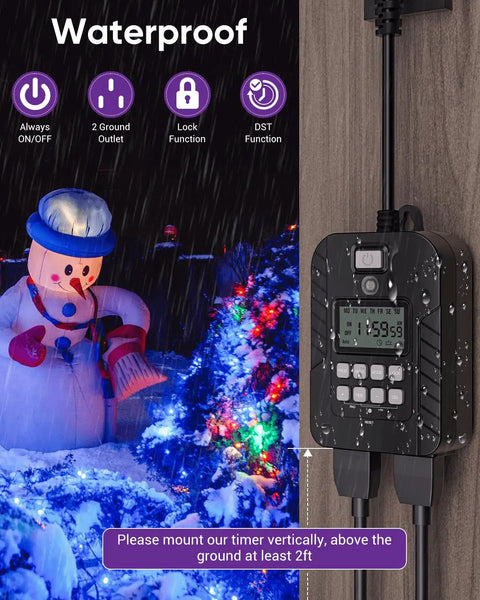 Rock Solid Outdoor Programmable Timer Featuring Weather Sealed Dual Grounded Outlets And Automatic Photocell Switches For Porch Lighting shows waterproof design in rain with snowman decoration.