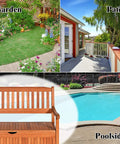 Outdoor Dope Wood Storage Bench Deck Box with Inner Removable Dust Proof Lining next to garden, patio, and poolside scenes
