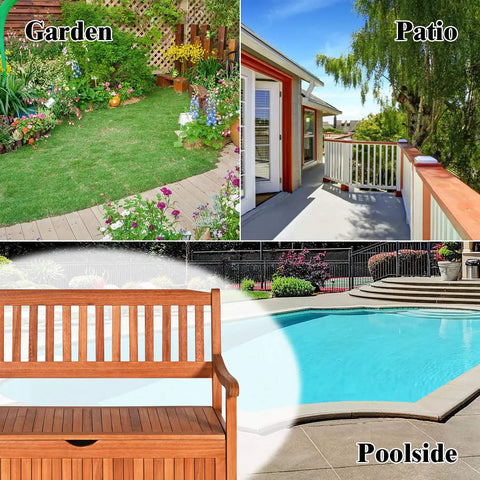 Outdoor Dope Wood Storage Bench Deck Box with Inner Removable Dust Proof Lining next to garden, patio, and poolside scenes