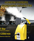 Gavscient High Temp Steam Cleaner For Home Cars And AC, yellow unit with hose, steam cleaning kitchen grease, 5 Bar pressure.