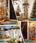 Collage of Obelisk Garden Trellis 6.6 Ft Tall Metal Plant Support decorated for Harvest, Christmas, Easter, and Halloween.