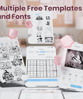 Smartphone screens displaying PM290C Portable Mini Sticker Printer Inkless Bluetooth Maker with templates and designs.