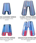 Four types of putting mirror alignment training aids with built-in eye alignment mirror and stroke path for tour pro level setup.