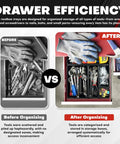 Before and after comparison of 69 Piece Tool Box Organizer Tray Divider Set For Drawer Organization And Workbench Storage With Interlocking Plastic Dividers In Five Sizes XS S M L XL For Quick Access Tidy Drawers And Max Space showing cluttered and organized tool drawers.