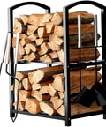 Two Tier Firewood Rack for Indoor Outdoor Use with Fireplace Tools Set Including Brush Shovel Poker Tongs Waterproof Steel Log Holder in Black Wrought Iron Look Easy Organization by the Hearth 17x12x29
