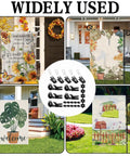Collage of garden flags and All Season Garden Flag Stoppers And Clips Kit, set of 25 pieces in outdoor settings.