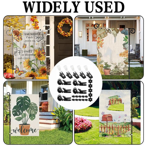 Collage of garden flags and All Season Garden Flag Stoppers And Clips Kit, set of 25 pieces in outdoor settings.