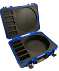 Open blue MIG GMAW Wire Storage Case Lockable Airtight Lightweight Organizer For Welders with spool compartments visible