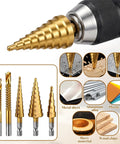 Six Piece Step Drill Bit Set Titanium Coated High Speed Steel Drill Bits For Wood Plastic Aluminum And Thin Metal Sheets