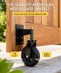 8 Inch Heavy Duty Fence Gate Wheels 660 Lbs Capacity Built Like A Tank With Spring Cushioned Casters 360 Degree Swiveling Rollers mounted on a wooden gate.