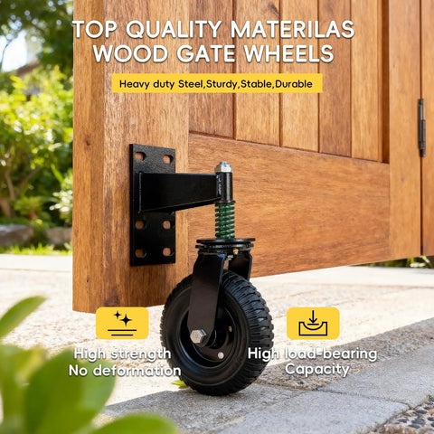 8 Inch Heavy Duty Fence Gate Wheels 660 Lbs Capacity Built Like A Tank With Spring Cushioned Casters 360 Degree Swiveling Rollers mounted on a wooden gate.
