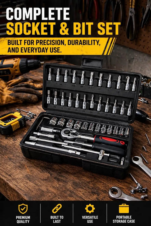 All In One 46 Piece Socket And Screwdriver Bit Set With Ratchet Wrench And Extension Bars, open case showing tools, for DIY projects