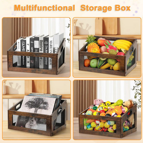 Wooden Dog Toy Basket With Slanted Front For Easy Reach Doggo Friendly Durable Toy Box showing versatility with books and fruits.