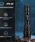 Two Pack Mini LED Flashlights 1000 Lumens 5 Modes Tiny Tactical EDC Torches Pocket Sized for Everyday Carry Super Bright Portable Handheld Lights Model WF 502B Battery Not Included on wet rock showing IPX-65 water resistance.