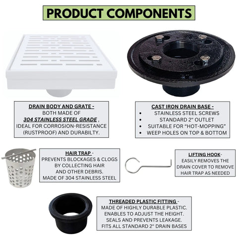 Top Shelf Six Inch Shower Drain Kit Featuring Slick Matte White Finish Heavy Duty Cast Iron Base And Rust Proof Stainless Steel Grate Tile Ready Hair Catcher Strainer No Fuss Upgrade, components including drain, hair trap, lifting hook.