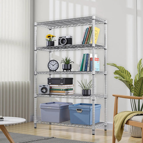 Five Tier Heavy Duty Wire Shelving Unit Adjustable Metal Storage Rack with books, plants, and storage bins in a home office.