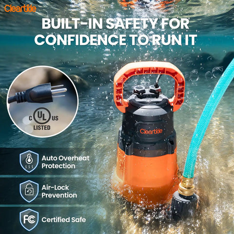 Beast Submersible Sump Pump One Half HP Utility Water Pump submerged with orange body, connected to hose showing UL listing and safety features