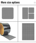 Window Screen Patch Kit With 10 4X4 Black Patches Self Adhesive 3 Layer Mesh Tape For Tears And Holes In Window And Door Screens Quick DIY Fix Easy Home Improvement For Instant Screen Repair, showing roll and patch sizes.