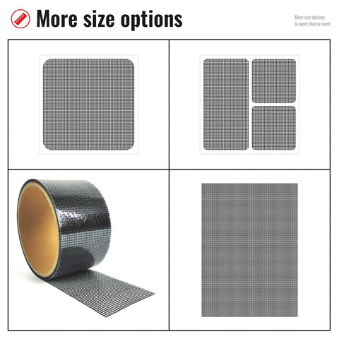 Window Screen Patch Kit With 10 4X4 Black Patches Self Adhesive 3 Layer Mesh Tape For Tears And Holes In Window And Door Screens Quick DIY Fix Easy Home Improvement For Instant Screen Repair, showing roll and patch sizes.