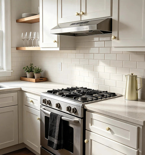 Stylish kitchen with Rock Solid Brushed Gold Cabinet Knobs for Kitchen Drawers and Furniture, 1-1/4 Inch Round Hardware.
