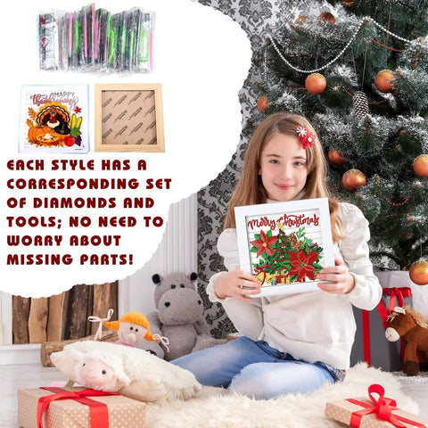 Girl holding framed Merry Christmas 13 Piece Interchangeable Holiday Diamond Art Kit Set For Adults with tools displayed.