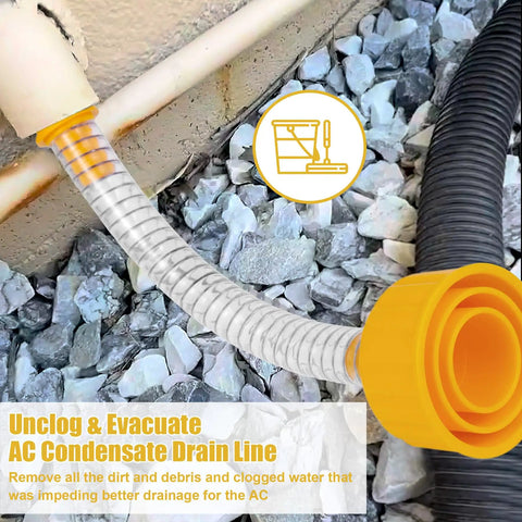 Wet Vac Attachment AC Drain Lines Cleaner Tool AC Drain Line Vacuum Adapter Unclog And Evacuate ABS showing hose connected to drain.