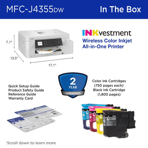 INKvestment 4355 Wireless Color Inkjet All In One Printer with 1.8 Inch Color Display and accessories shown in package box