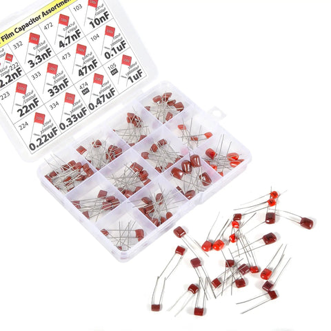 Premium Metalized Film Capacitor Assortment 415 Pieces Spanning 100 Volts 250 Volts 400 Volts Offers Top Tier Reliability For Your Favorite Weekend Warrior Build in organized storage box.