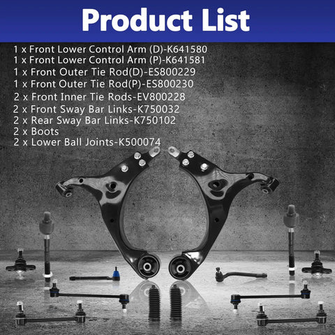 Front Suspension Control Arms Set for 2007-2012 Hyundai Elantra Heavy Duty Pair displayed with product list and components.