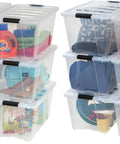 Top Shelf 54 Quart Stackable Storage Bins 12 Pack Clear Plastic Totes with various items inside for organized storage.