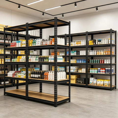 Badass Heavy Duty Five Tier Garage Shelving Unit With Reinforced Steel Legs And Rock Hard Mdf Shelves in a store displaying organized products.