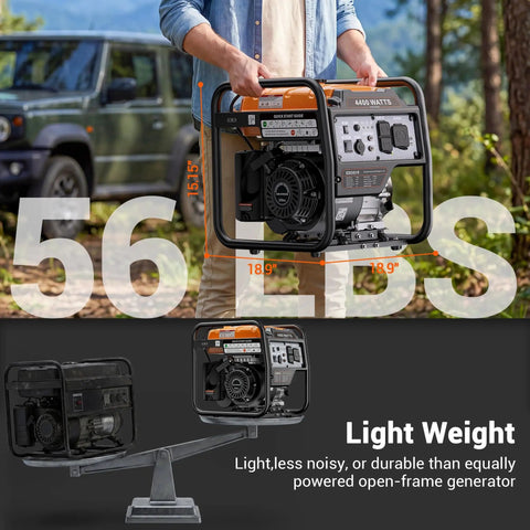 Beefy 4400 Watt Open Frame Inverter Generator held outdoors, highlighting lightweight design for portable use