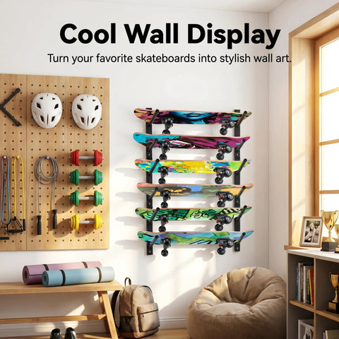 Super Slick Horizontal Skateboard Wall Mount Rack For All Board Types Features Six Tier Deck Holder for colorful skateboards on display.