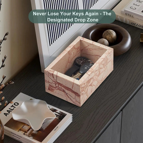 Natural Marble Storage Box With Lid Pink Rectangular Stone Organizer For Jewelry Makeup Cotton Swabs And Keepsakes Luxury Home Decor 5.9 x 3.9 x 3.1 Inch on table with keys inside